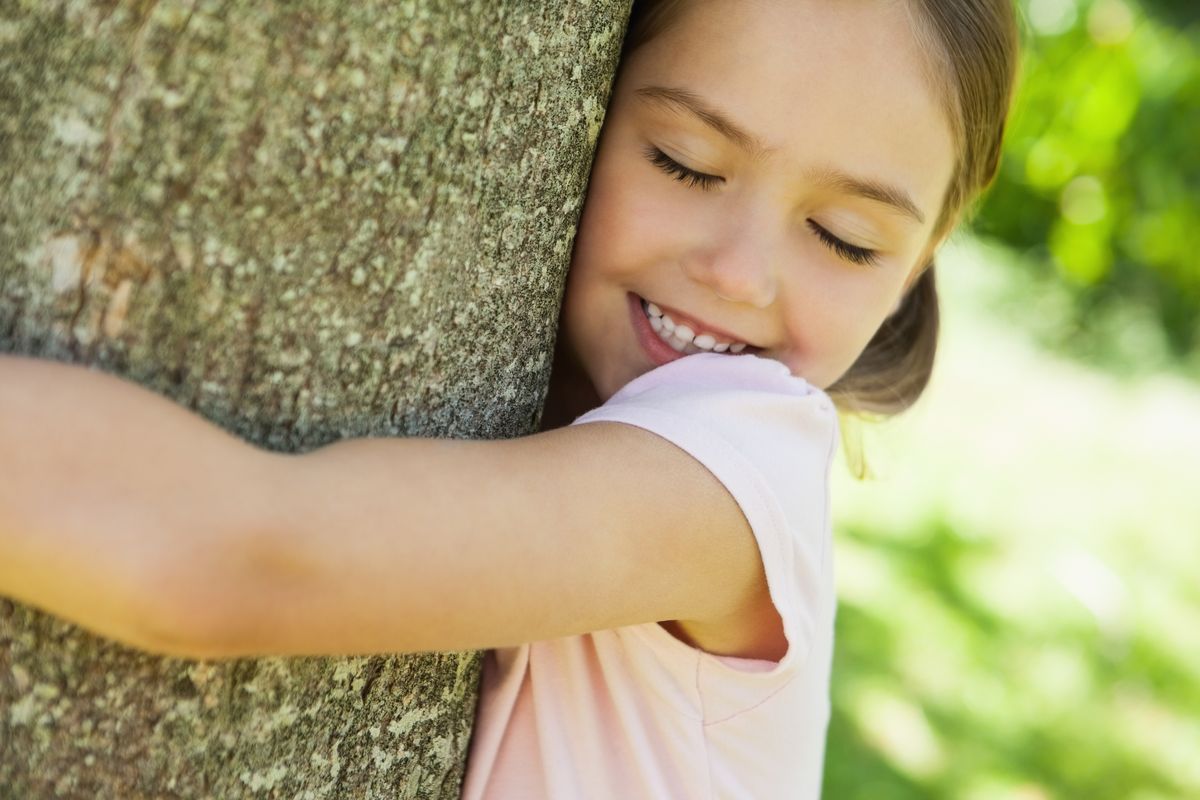 Bambina che abbraccia un albero