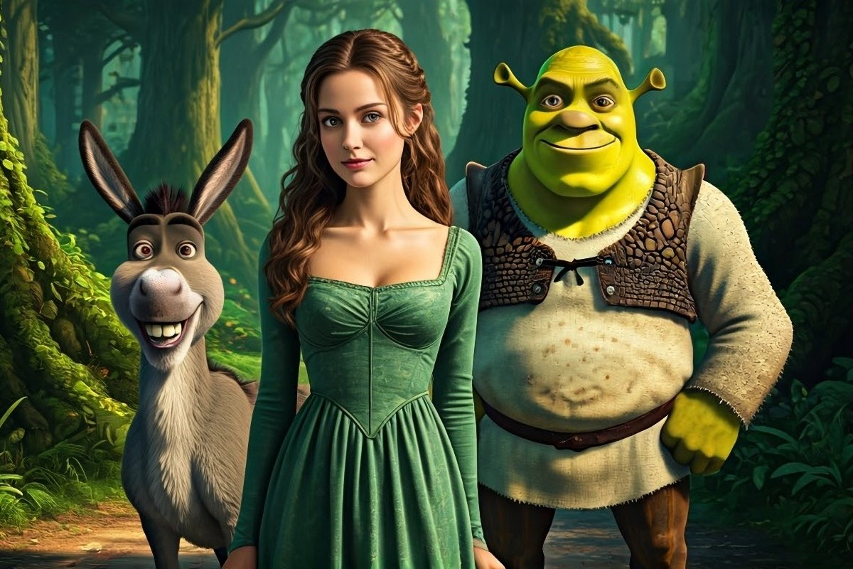 I personaggi del cartone animato Shrek, Ciuchino, Fiona e Shrek