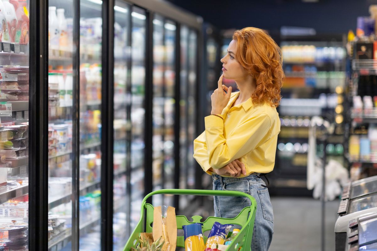 Una donna perplessa sta facendo la spesa al supermercato