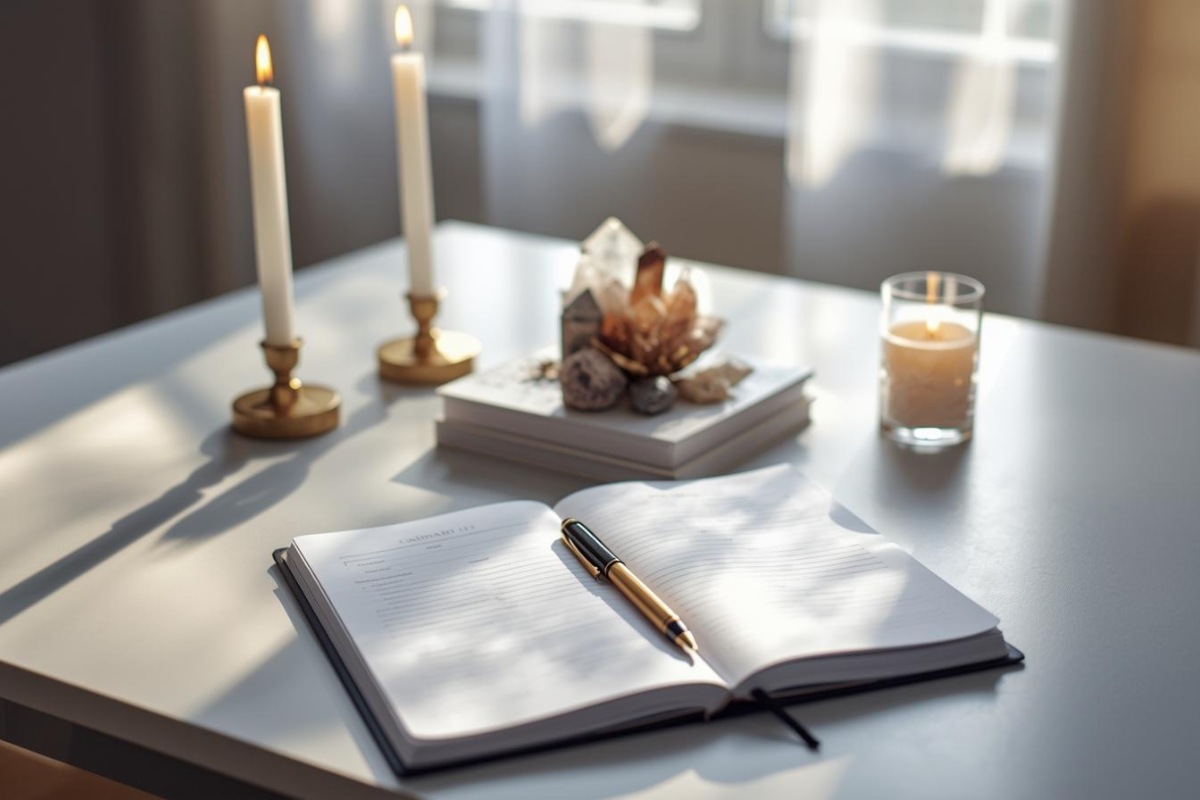 Chi è Vittoria Bianchi: percorso e filosofia di lavoro Scrivania ordinata con candele bianche e cristalli, simbolo del metodo professionale di Vittoria Bianchi