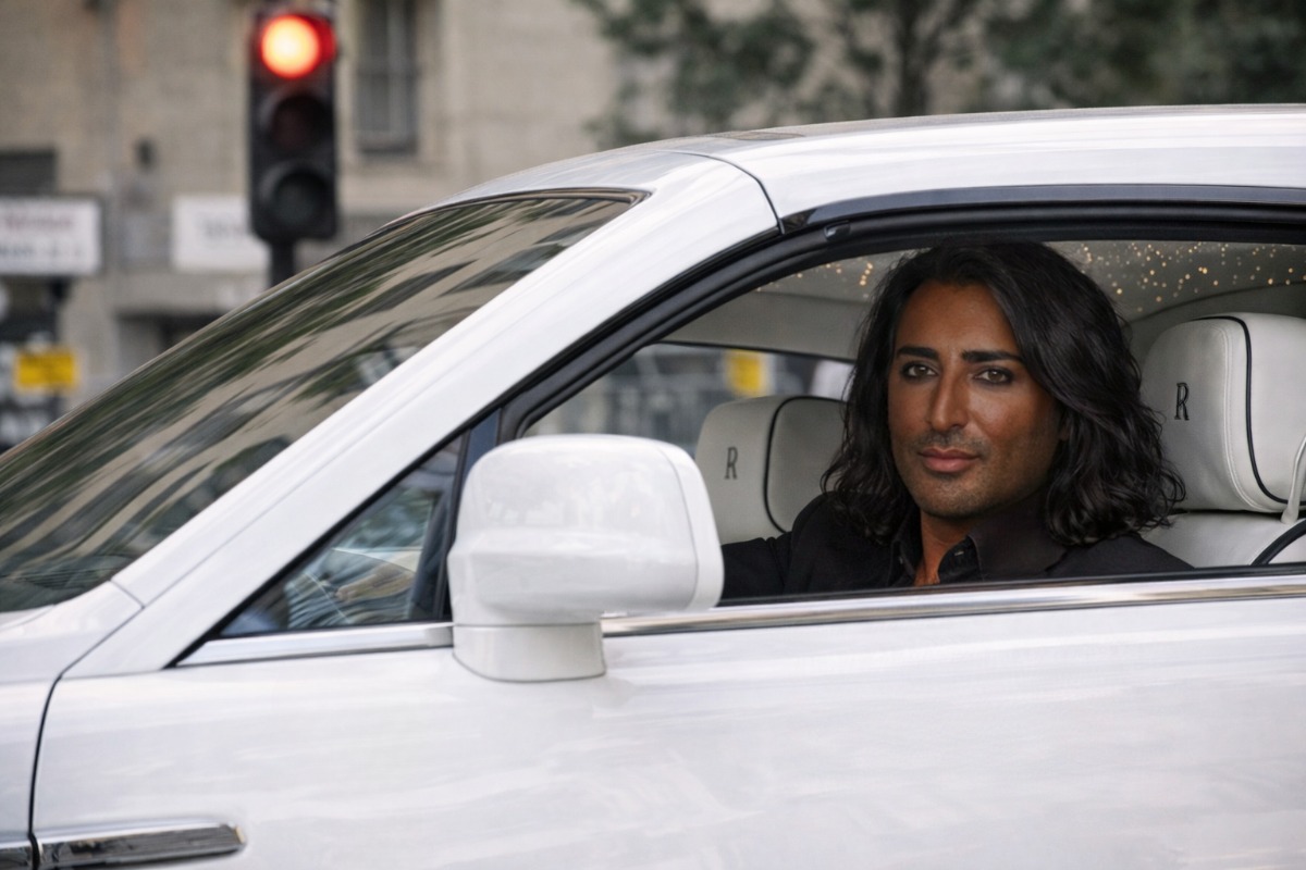 Morde Khai Didi ritratto a bordo di una Rolls Royce di colore bianco.