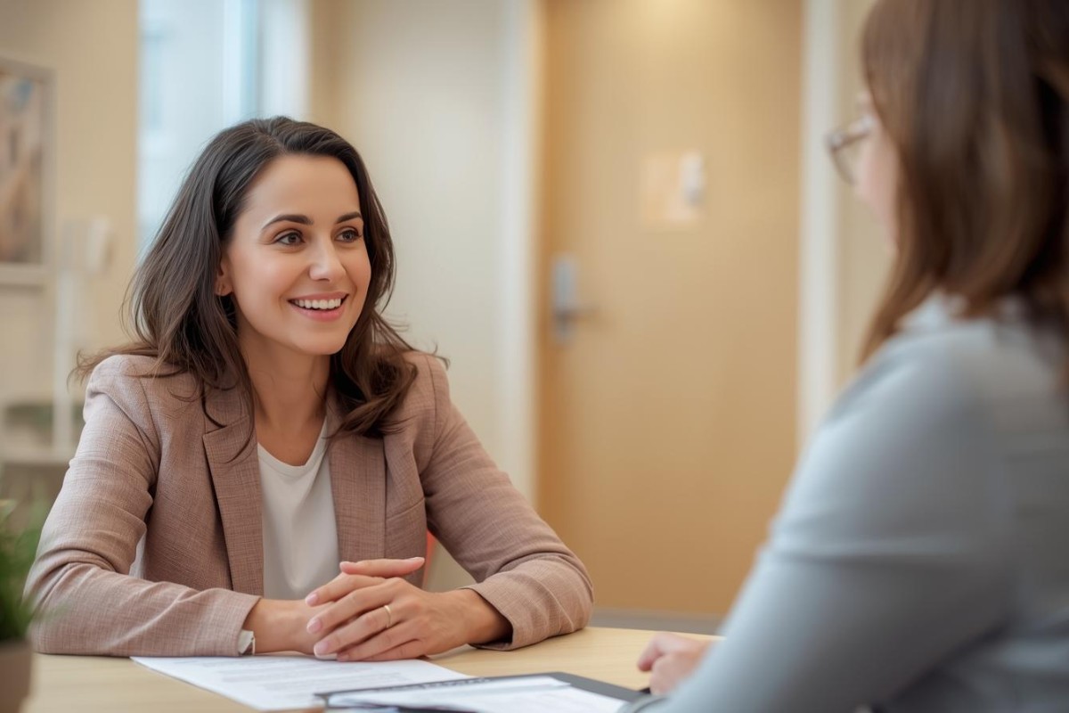 Due persone parlano in modo empatico sedute a un tavolo in uno studio luminoso.
