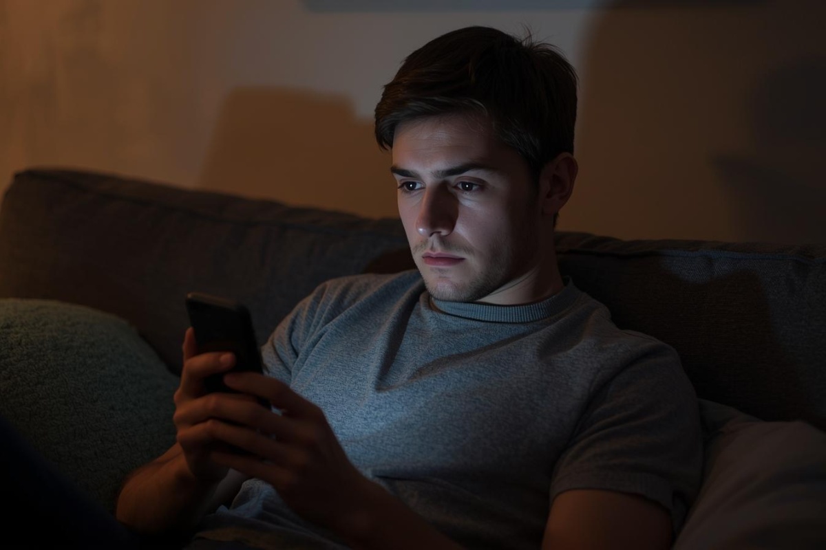 Persona guarda il telefono con espressione malinconica in una stanza poco illuminata.