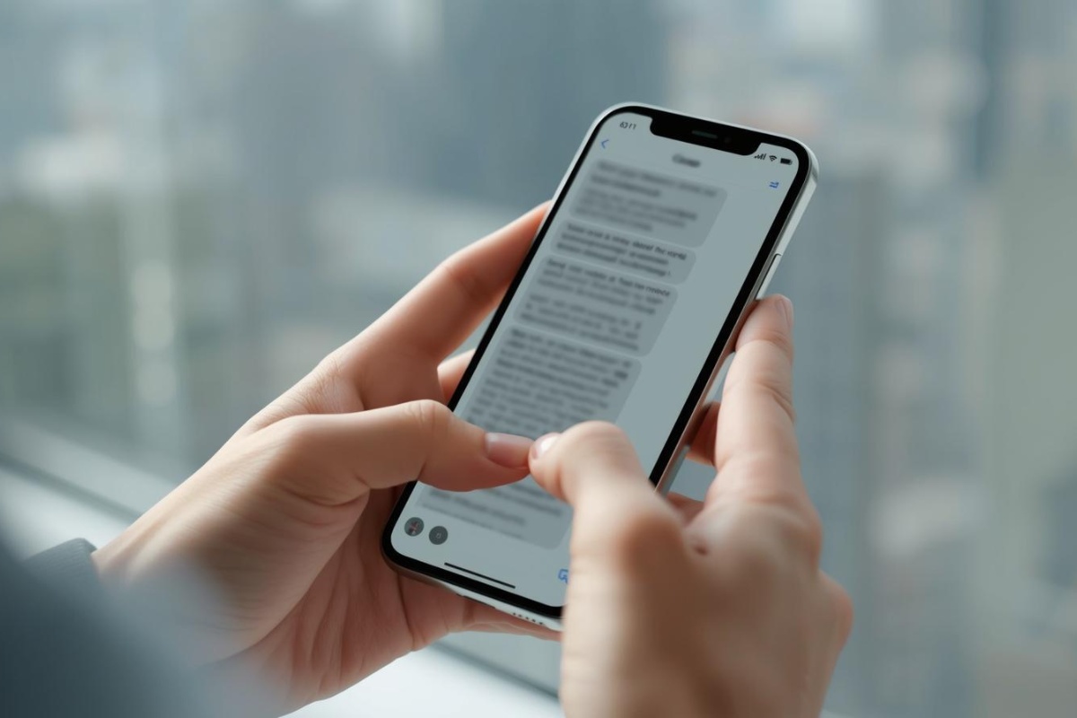 Mani tengono uno smartphone con una chat sfocata e sfondo urbano fuori fuoco.