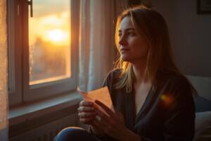 Donna seduta vicino alla finestra con un foglietto tra le mani in un momento di riflessione sentimentale