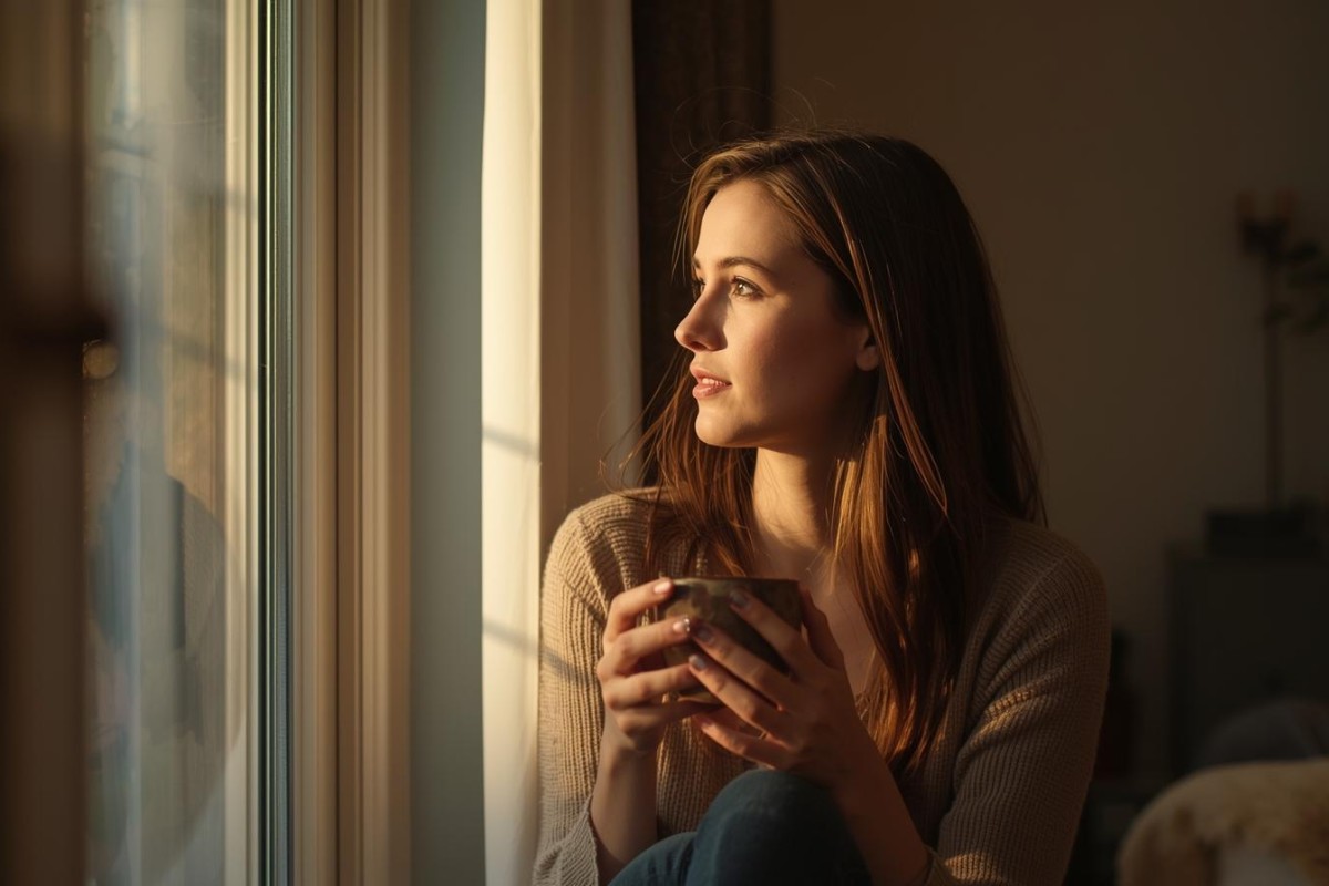Donna seduta vicino a una finestra guarda fuori pensierosa con luce calda del mattino.