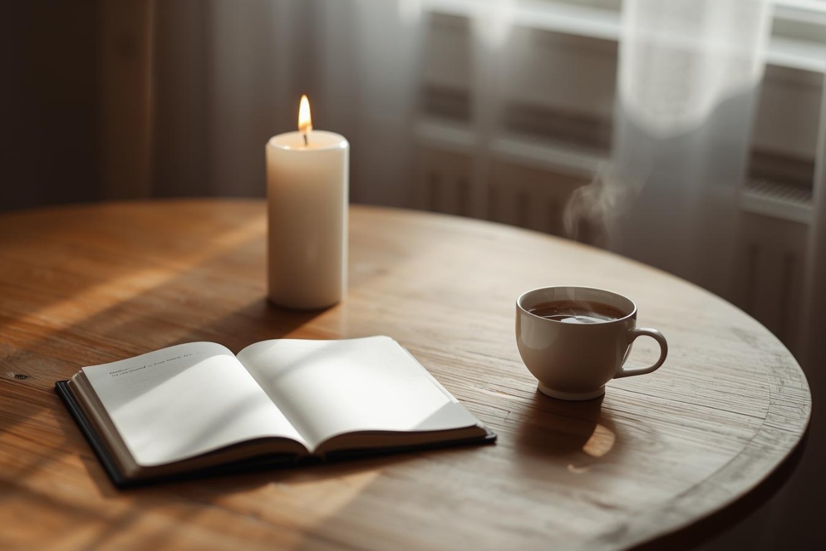 Tavolo con candela accesa e taccuino in un ambiente domestico luminoso.