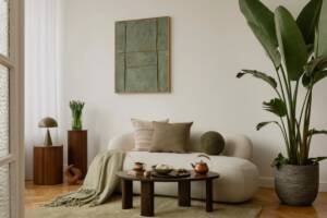 Salotto ben arredato con divano moderno e una rigogliosa pianta verde.