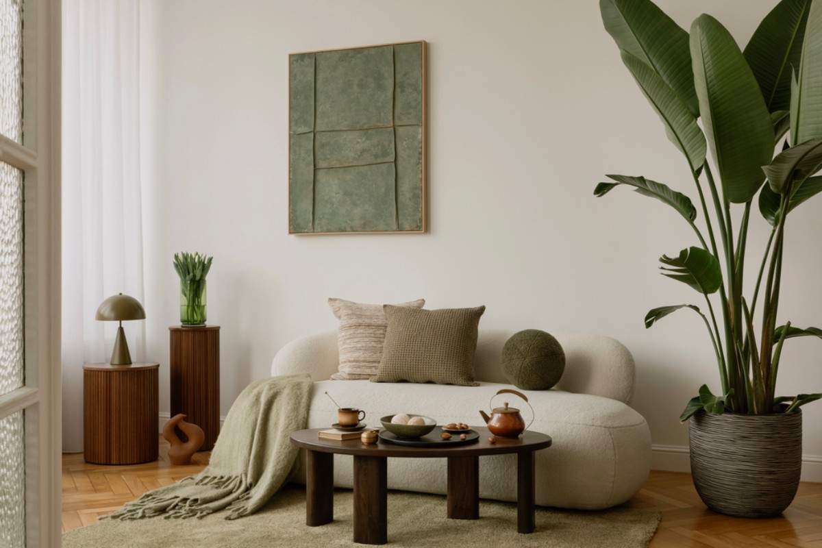 Salotto ben arredato con divano moderno e una rigogliosa pianta verde.