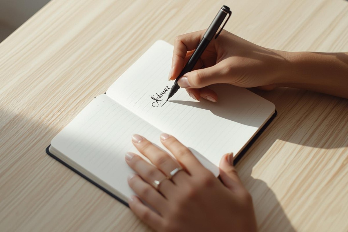 Mani che scrivono un nome su un foglio bianco su un tavolo in legno
