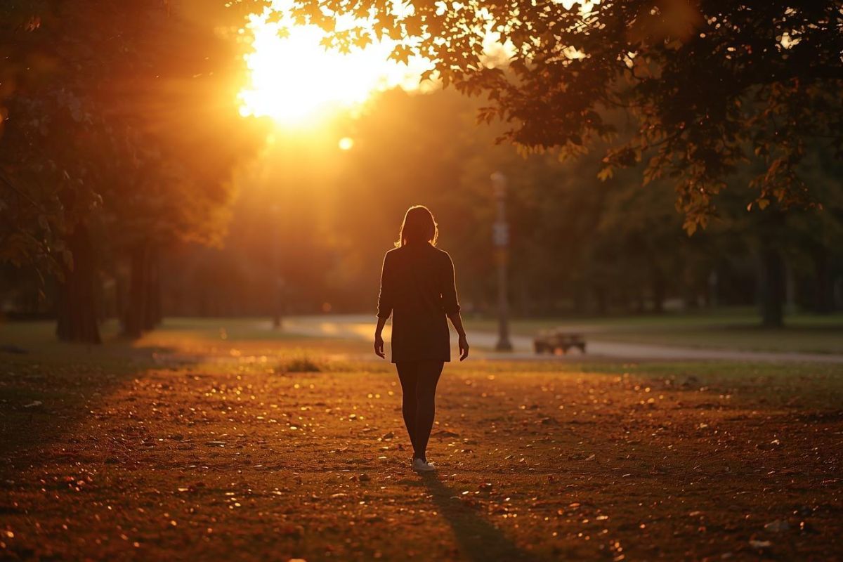 Persona che cammina in un parco al tramonto con atmosfera tranquilla