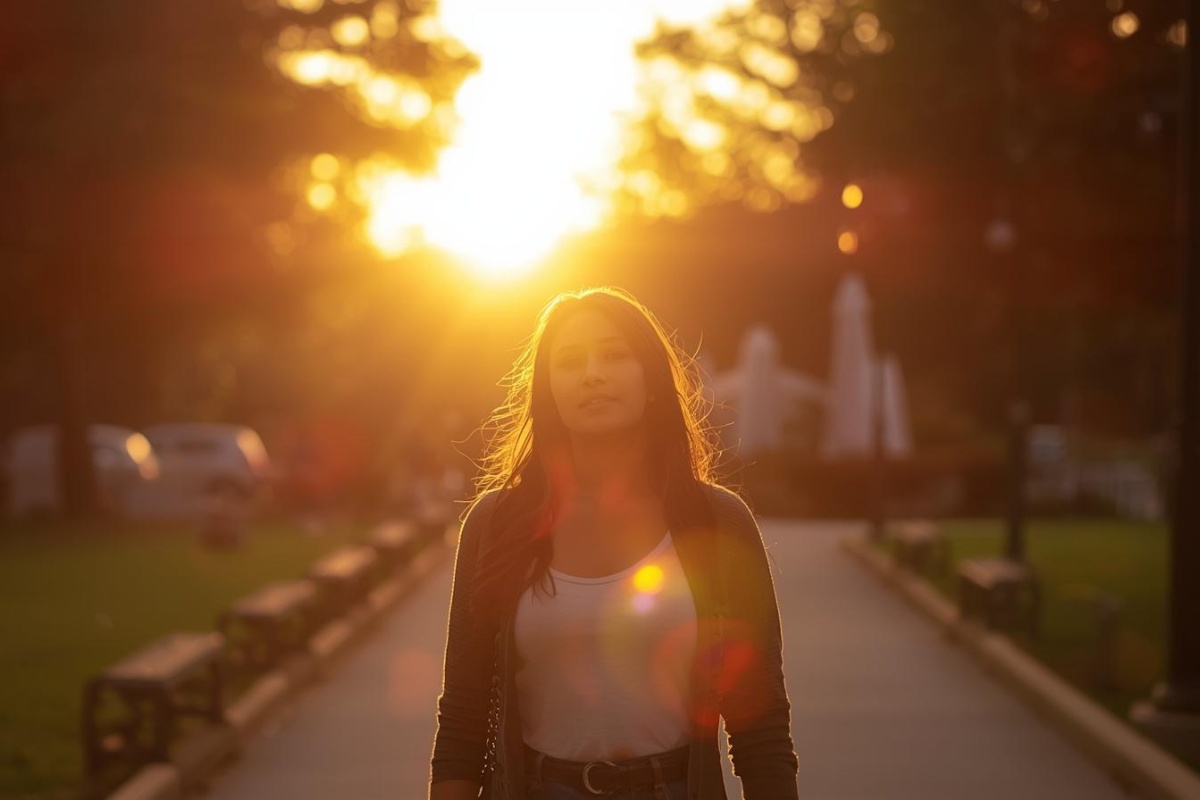 Persona cammina in un parco al tramonto con luce dorata e atmosfera tranquilla.
