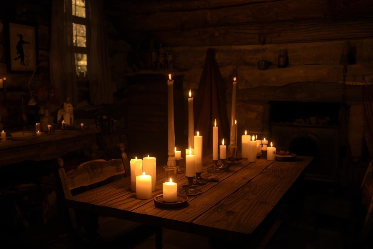 Candele accese su tavolo rustico in ambiente caldo e tradizionale
