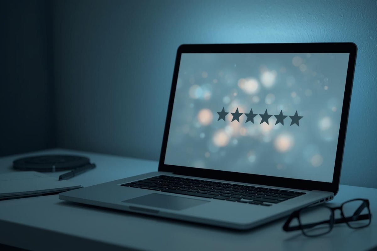 Reputazione digitale e testimonianze su Vittoria Bianchi Laptop su scrivania con recensioni sfocate, simbolo della reputazione online