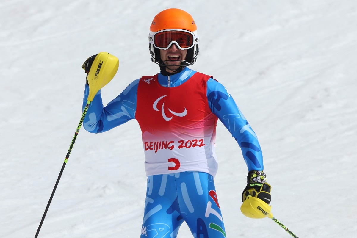 Giacomo Bertagnolli, Slalom maschile categoria Vision Impaired di Para Alpine Skiing, Giochi Paralimpici Invernali di Pechino 2022, allo Yanqing National Alpine Skiing Centre, 13 marzo 2022 a Yanqing, Cina. (Photo by Alexander Hassenstein/Getty Images)