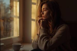 Donna seduta vicino alla finestra in un momento di riflessione sentimentale con luce naturale soffusa.