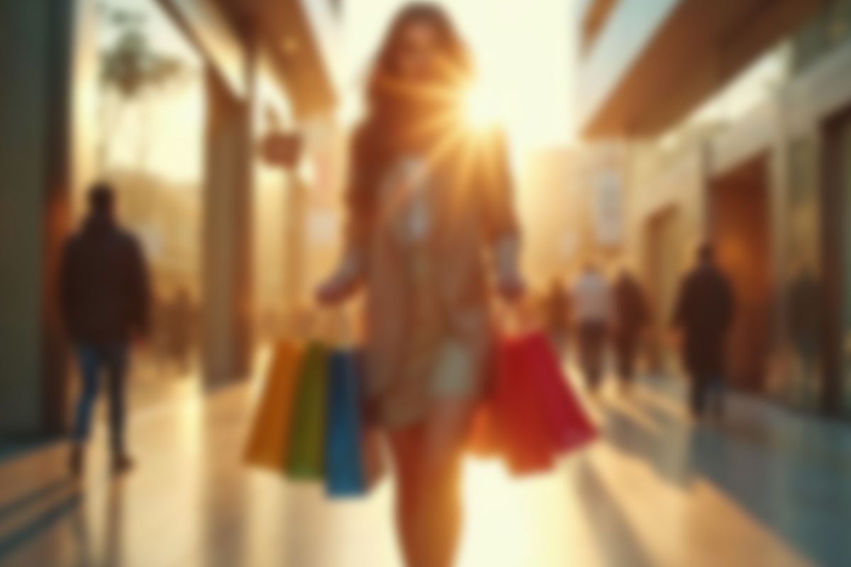 Ragazza che fa shopping alla luce del tramonto.
