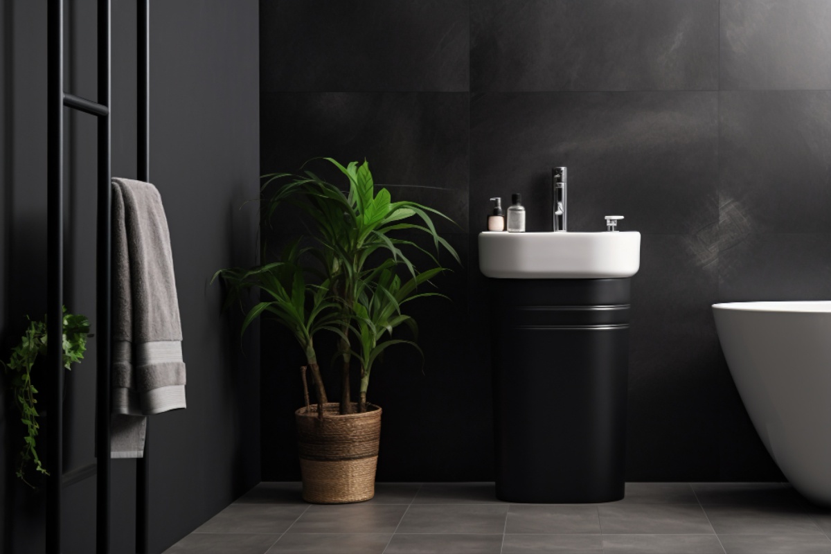 Arredamento bagno moderno in bianco e nero con piante verdi decorative.