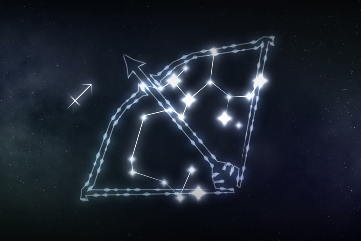 Segno del Sagittario e costellazione luminosa su sfondo scuro.