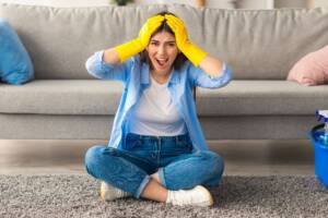 Una donna stressata mentre fa le pulizie