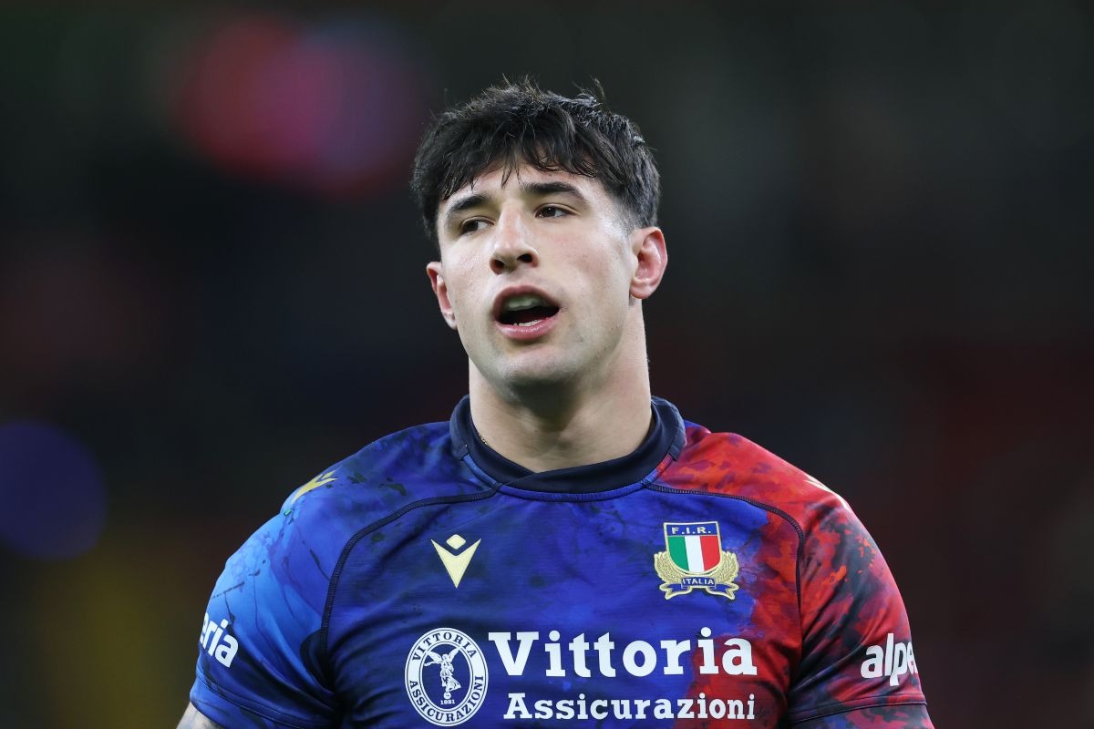Tommaso Menoncello, in primo piano il rugbista dell'Italia, partita Guinness Sei Nazioni 2026 tra Galles-Italia, Principality Stadium, 14 marzo 2026, Cardiff, Galles. (Foto di Dan Istitene - Federugby/Federugby via Getty Images)