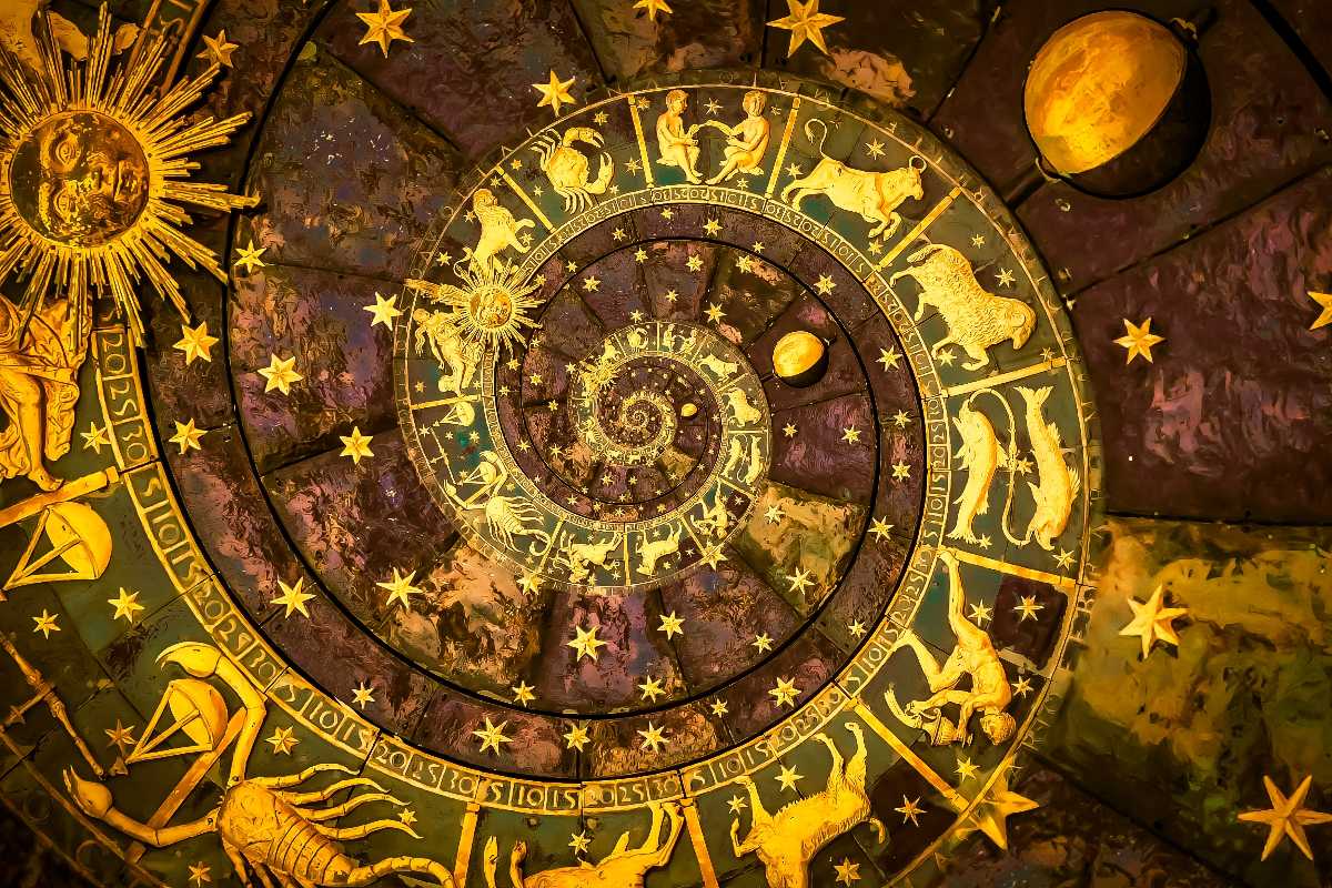Segni zodiacali disposti in una struttura a spirale.