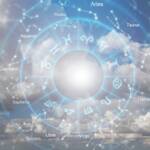 Rappresentazione dei segni zodiacali su uno sfondo di cielo azzurro nuvoloso.