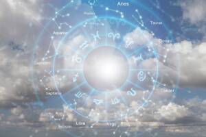 Rappresentazione dei segni zodiacali su uno sfondo di cielo azzurro nuvoloso.