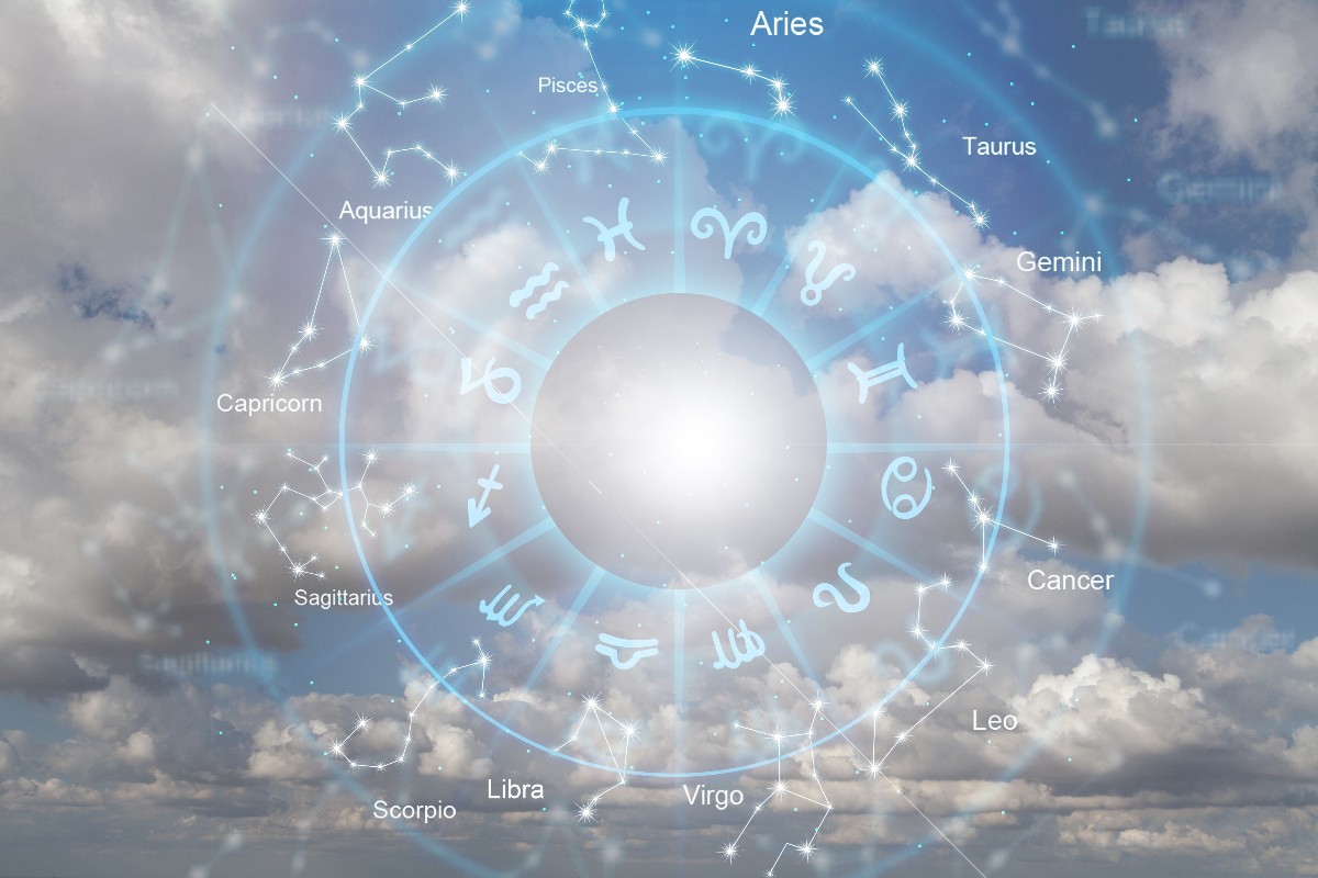 Rappresentazione dei segni zodiacali su uno sfondo di cielo azzurro nuvoloso.