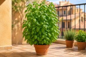 Una pianta di basilico rigogliosa in vaso su un balcone.