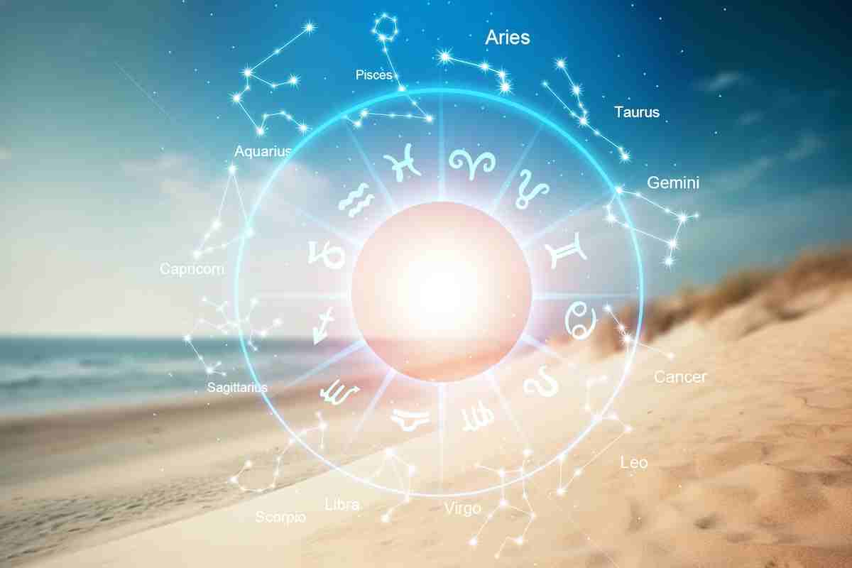 Cerchio con i dodici segni zodiacali su una spiaggia, simbolo dell'astrologia e dell'oroscopo immerso in un suggestivo paesaggio naturale