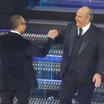 Carlo Conti e Gerry Scotti durante la prima serata del 75° Festival di Sanremo